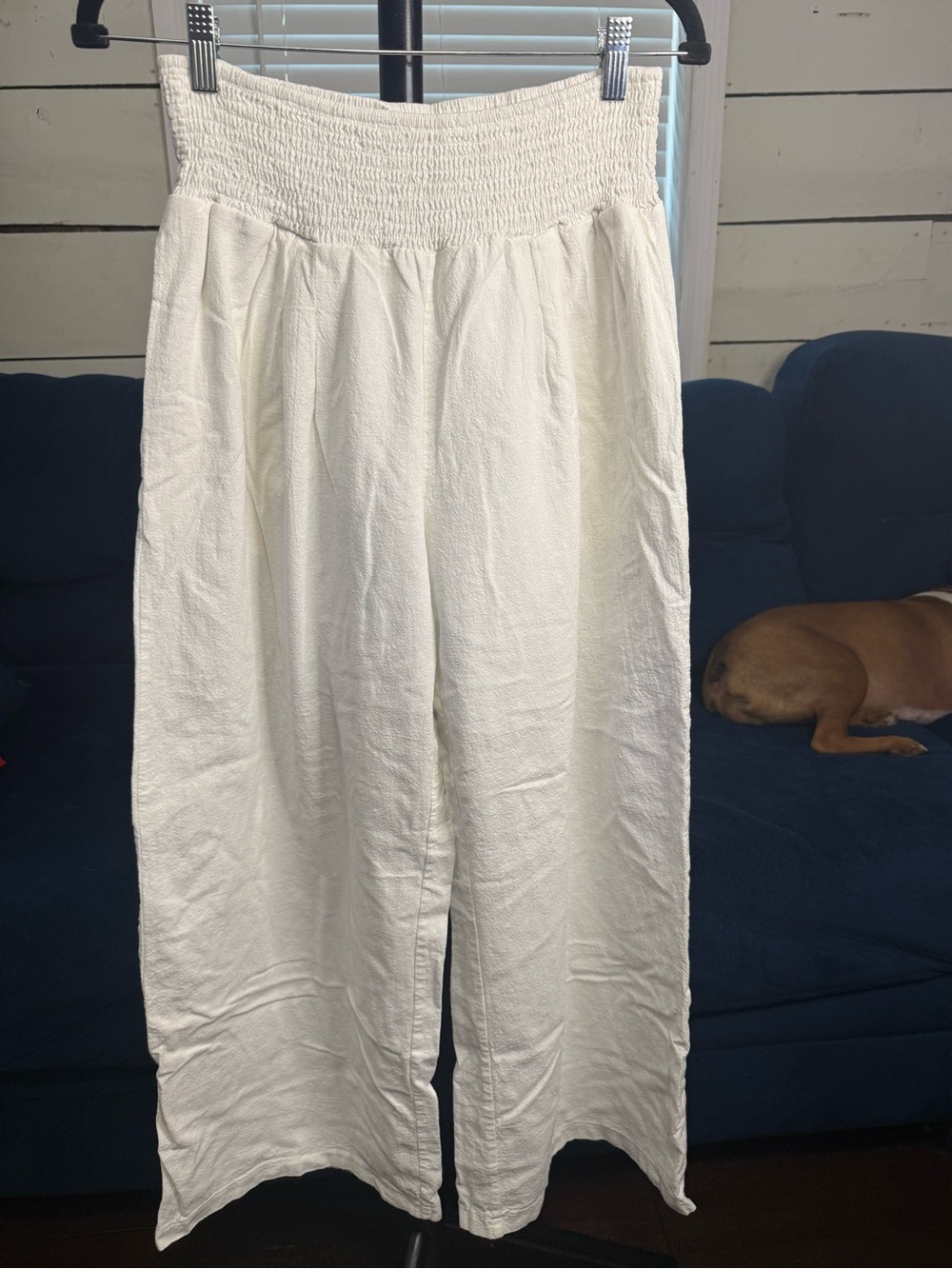 Wide-Leg Smocked Waist Pants — White